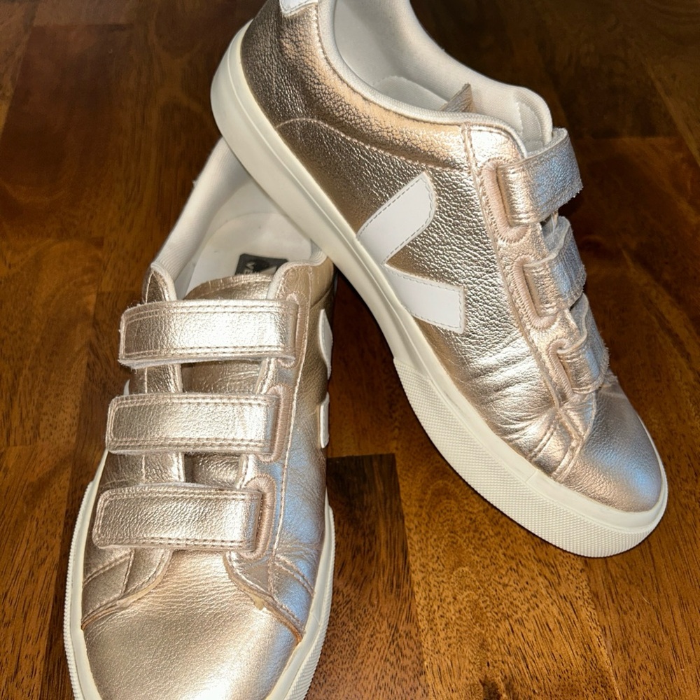 Veja Metallic Rose Gold Velcro Sneakers with White V Logo